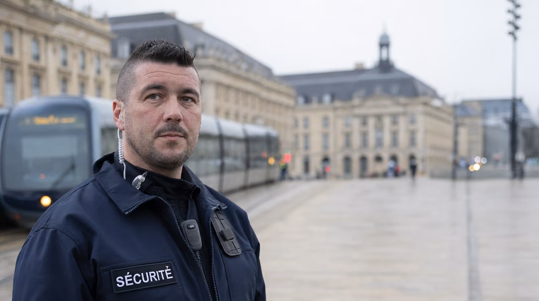 Agent Alpha Sécurité devant la place de la Bourse à Bordeaux