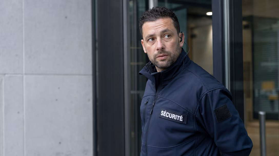 Agent de sécurité privée en poste devant un bâtiment tertiaire