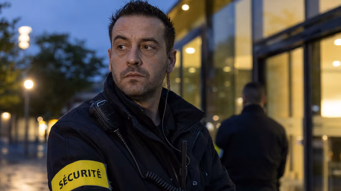 Agent de sécurité en poste devant un bâtiment tertiaire à la tombée de la nuit